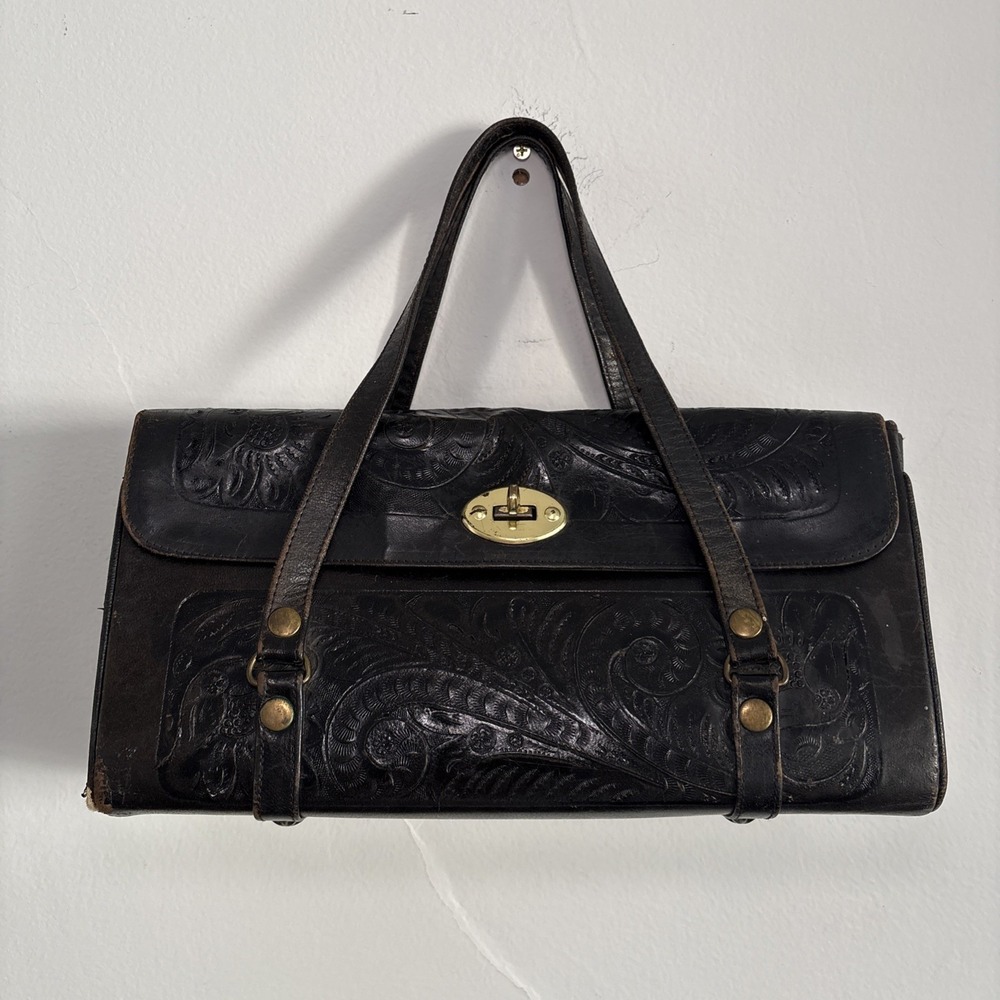 Vtg Mexican Gaitan Satchel Handbag Black Tooled Leather brass closure